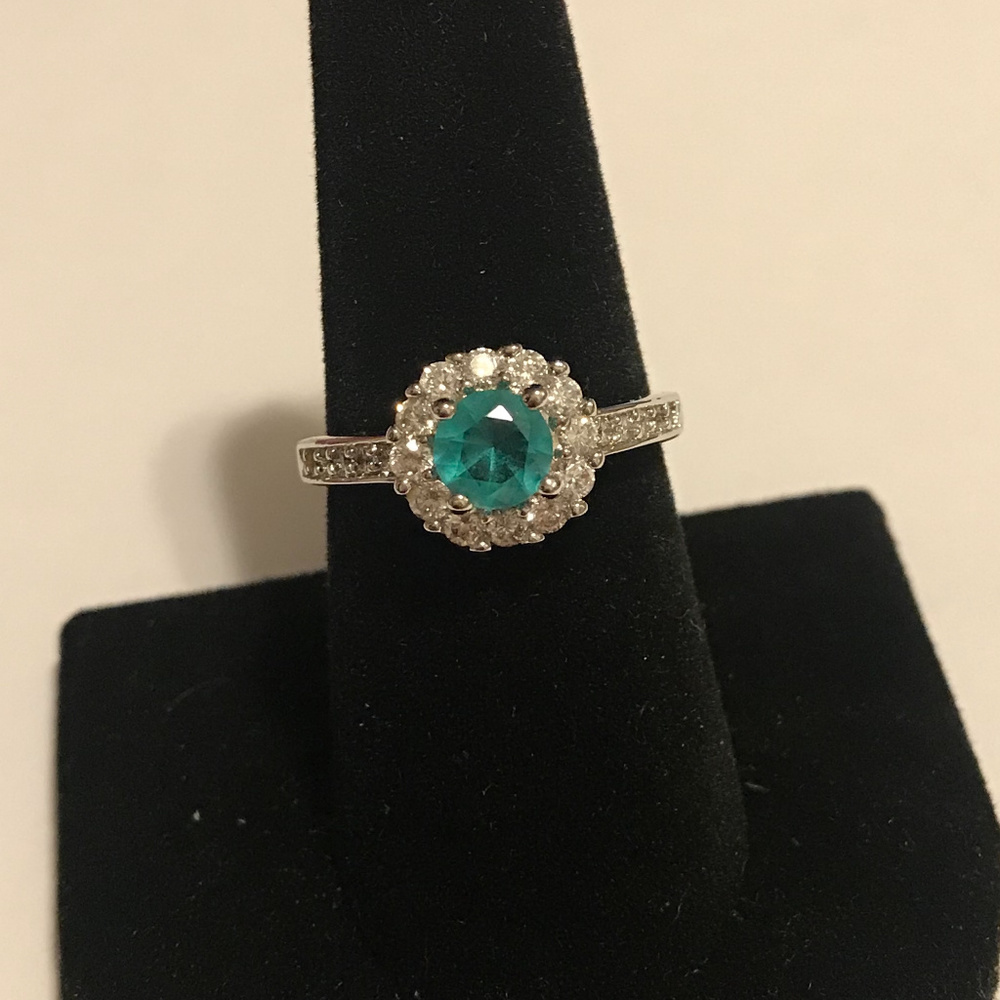 SIMULATED AQUAMARINE & RHINESTONE RING